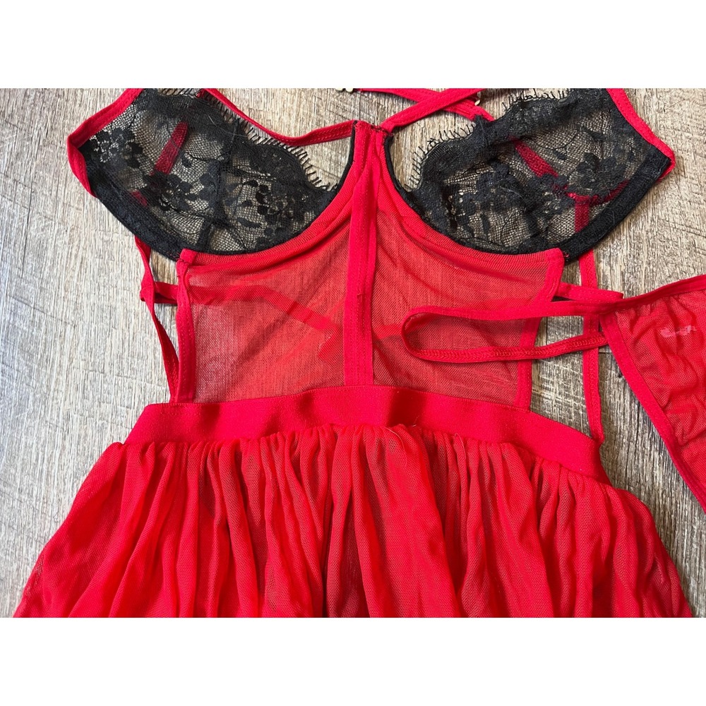 Red and black strappy 2 pc lingerie teddy mesh lace babydoll sexy size S/M - Picture 3 of 7